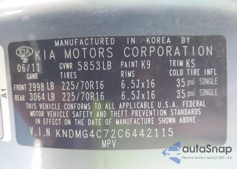 2012 Kia Sedona Lx z USA, uszkodzony, nr VIN KNDMG4C72C6442115